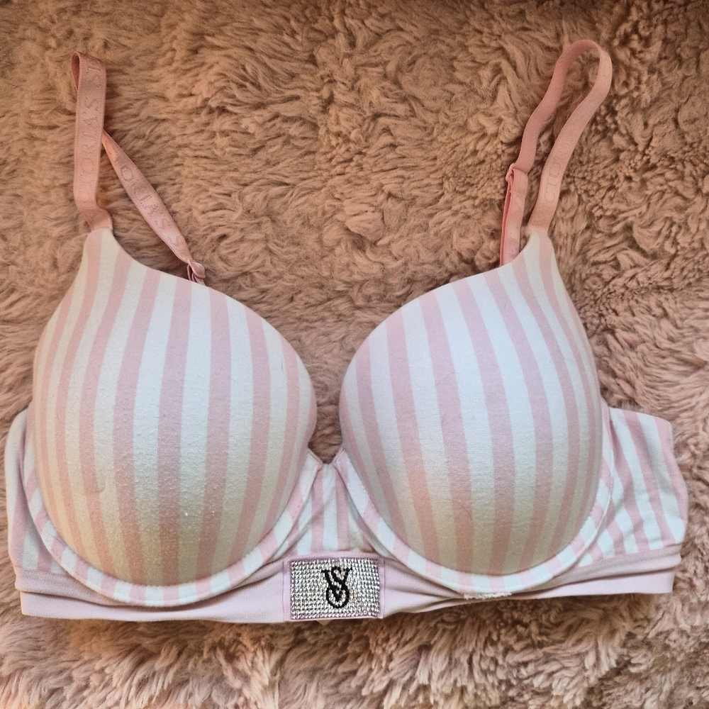 PINK Victoria's Secret Stripe Push-Up Bra - Light Pink & White